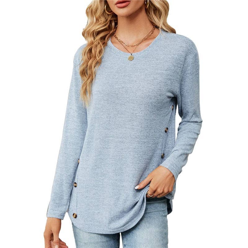 Solid Color Long Sleeves Crewneck Buttoned Casual Loose Tshirt