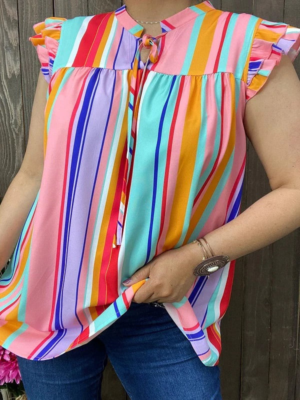GJQ14903 STRIPED MULTI COLOR TIE FRONT TOP