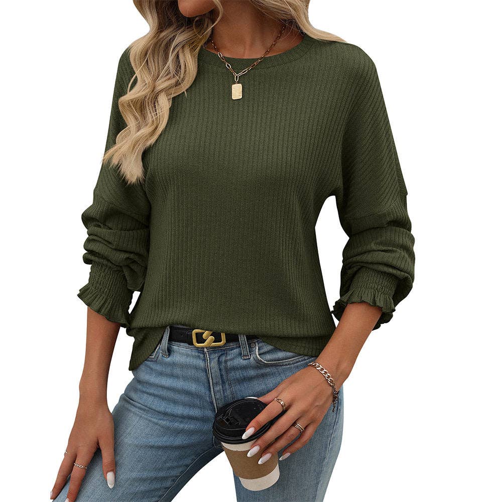 Loose Casual Ribbed Long Sleeve T-Shirt