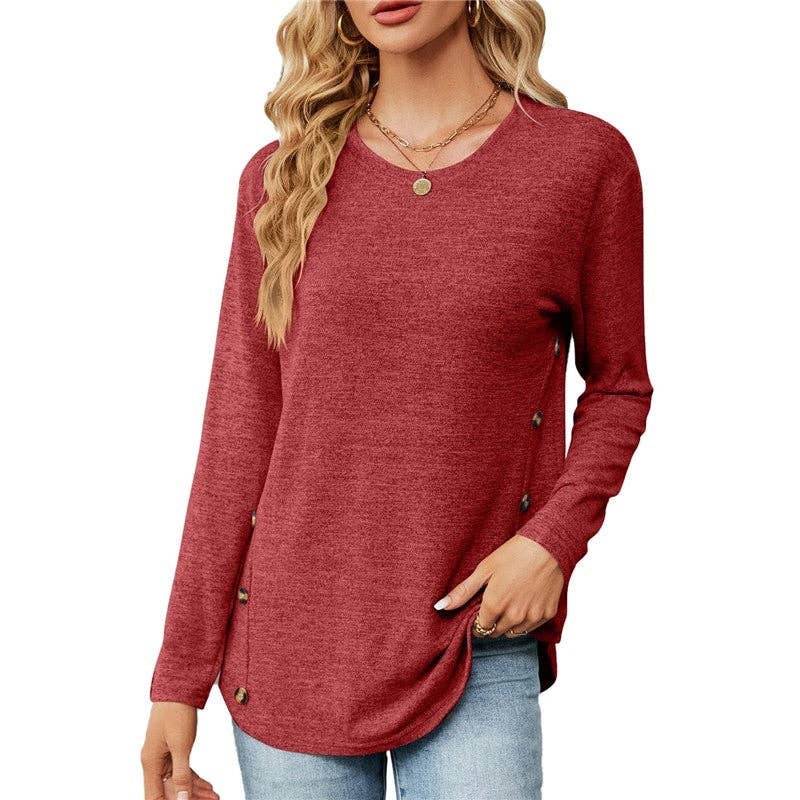 Solid Color Long Sleeves Crewneck Buttoned Casual Loose Tshirt