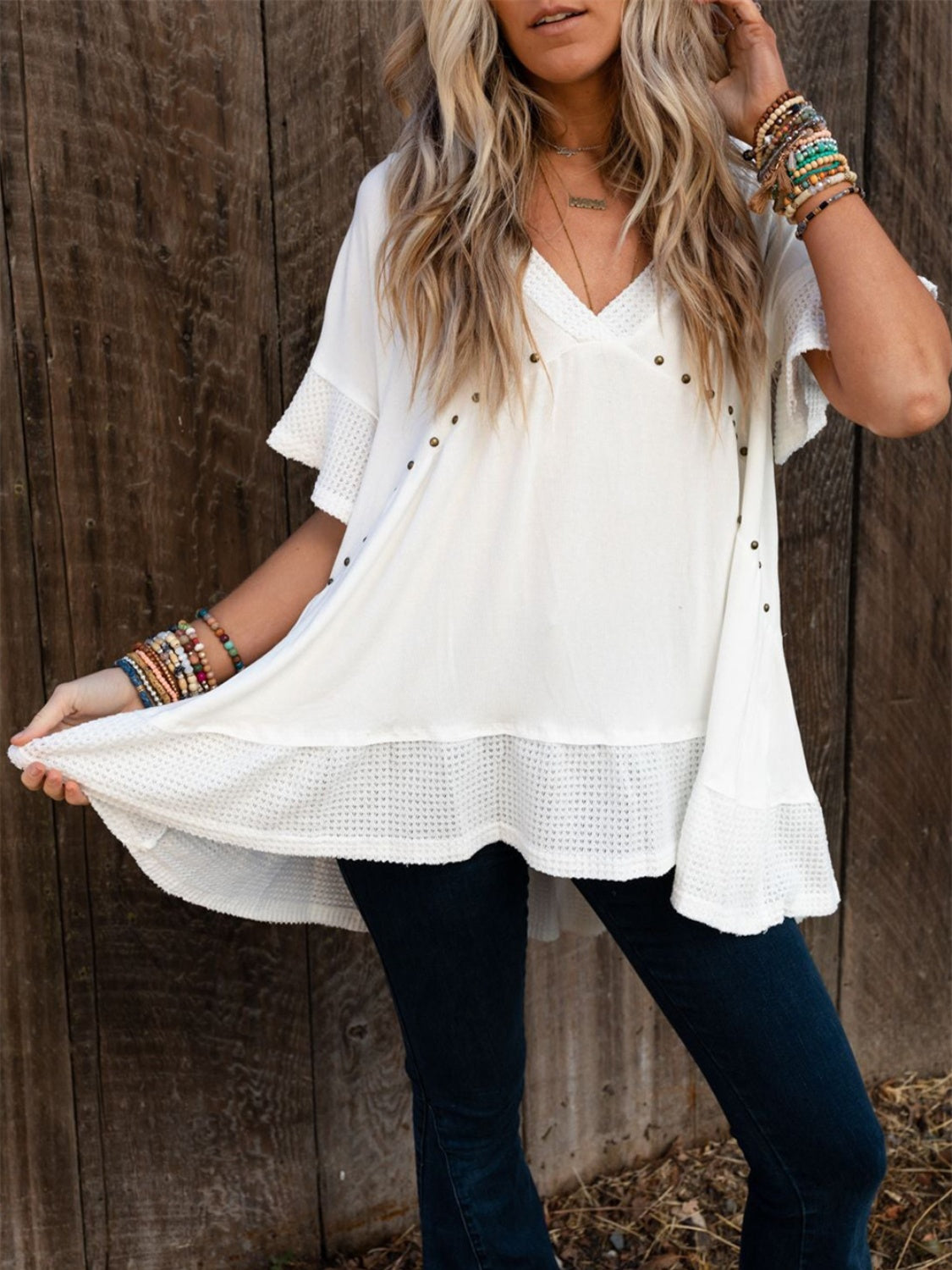 Studded V-Neck Half Sleeve Top