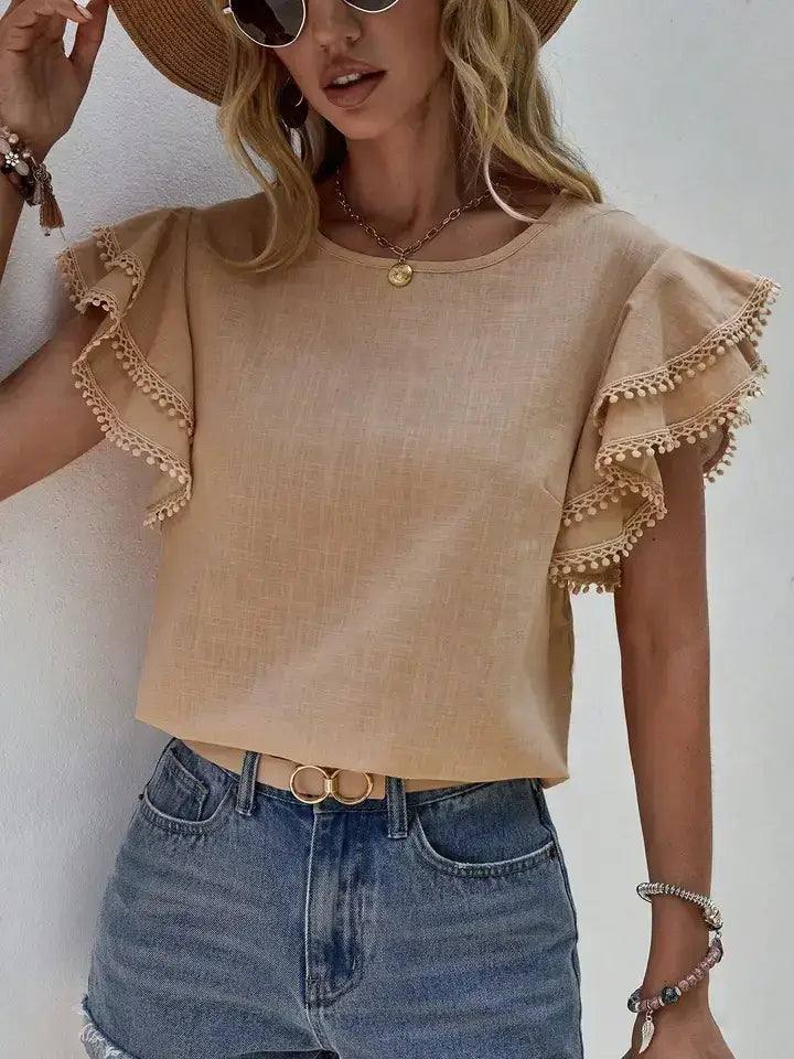 Ruffle Sleeve Pom Pom Trim Casual Blouse Top