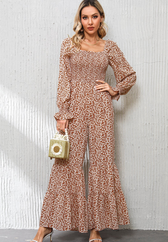 Floral Square Neck Ruffled Wide Leg Jumpsuit