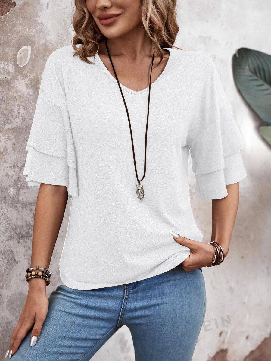 Womens Flutter Sleeve V Neck Summer Casual Blouse Top