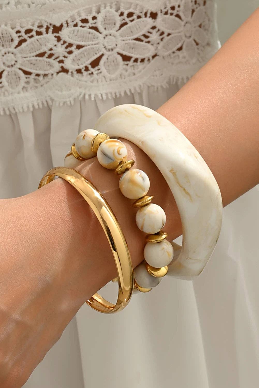 White Sand Beach Bangle Gold Plated 3pcs Bracelet Set