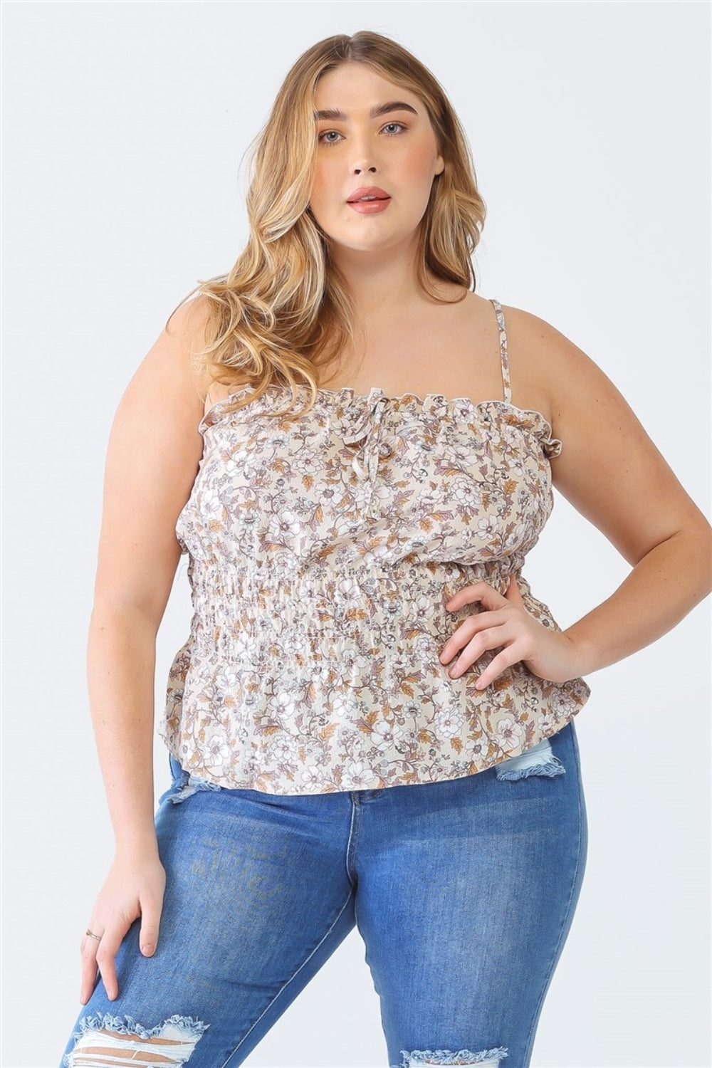 Zenobia Plus Size Frill Floral Square Neck Cami