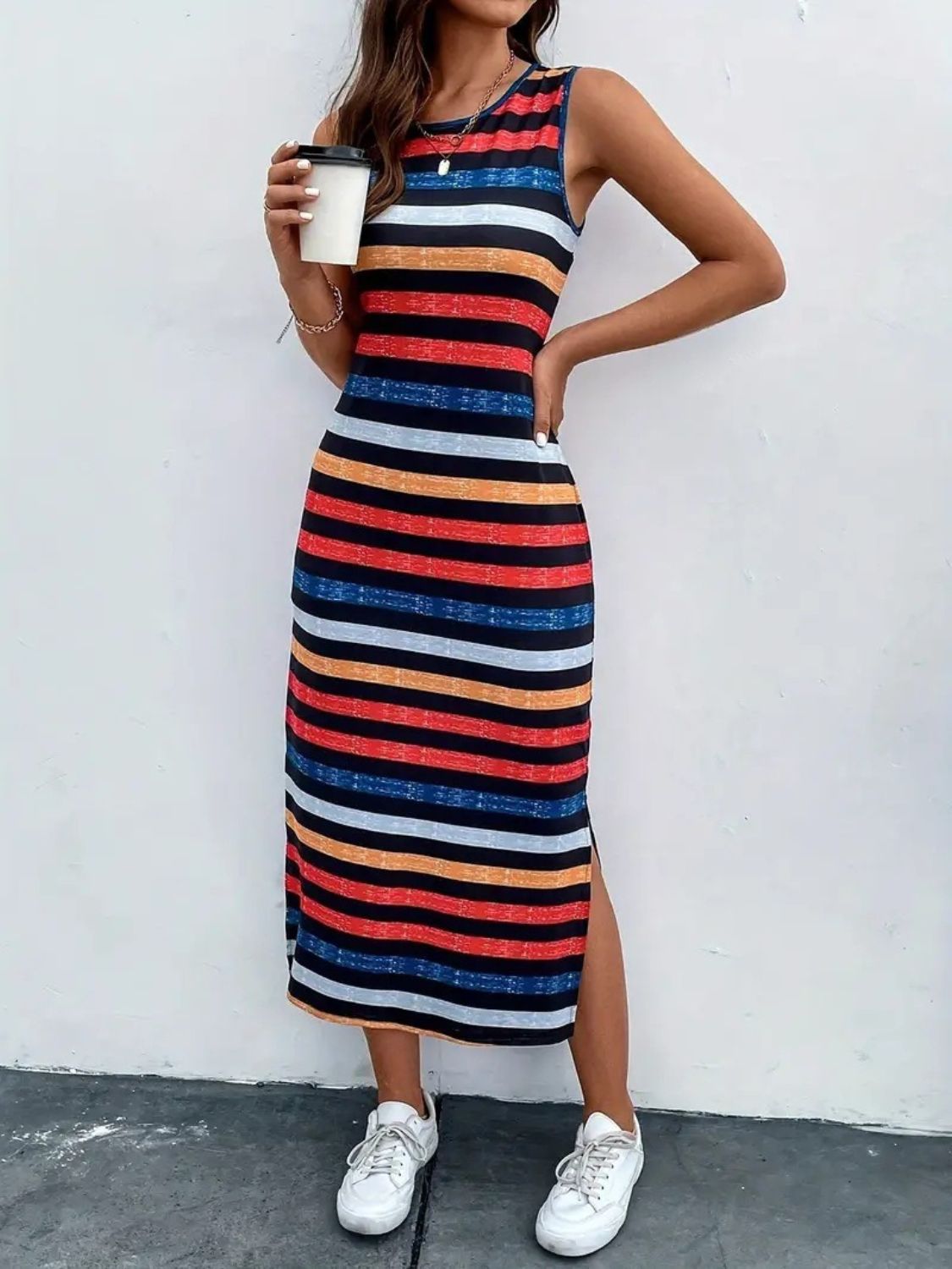 Slit Printed Round Neck Sleeveless Dress