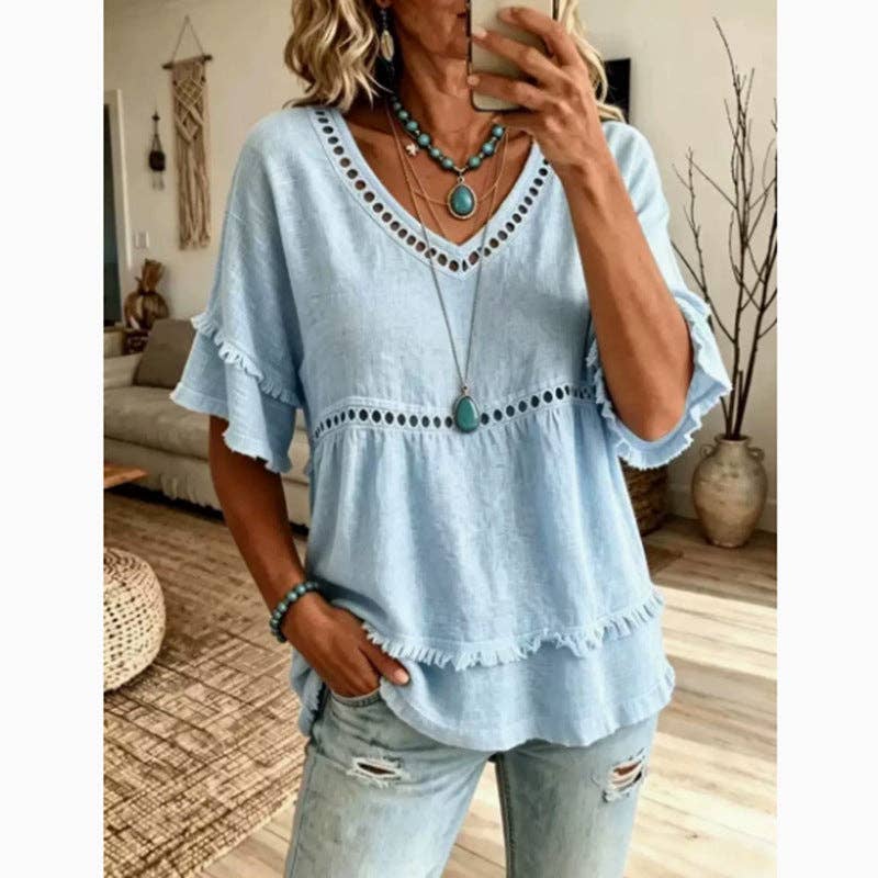 Solid Linen Blend V Neck Eyelet Ruffle Sleeve Boho Top