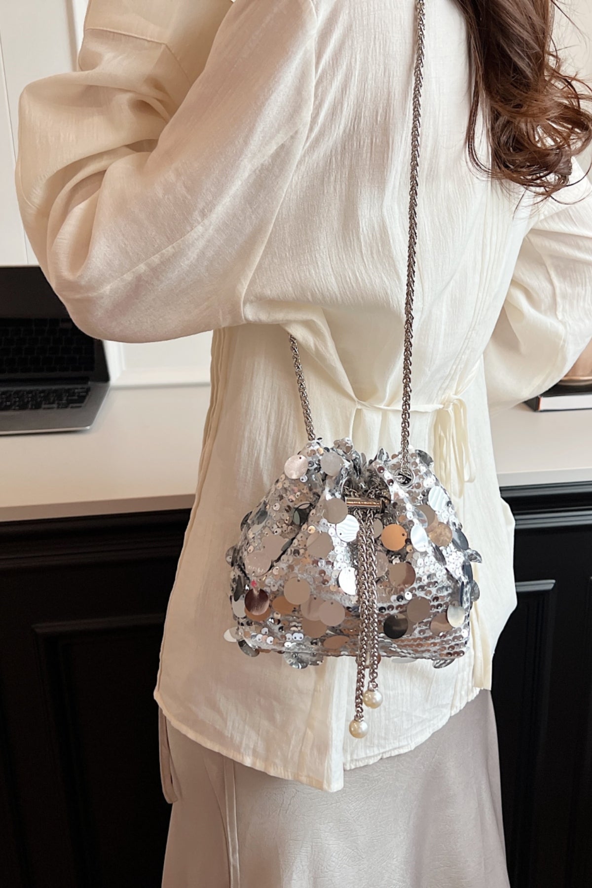 Drawstring Sequin Crossbody Bag