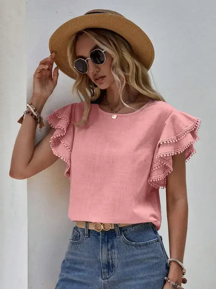 Ruffle Sleeve Pom Pom Trim Casual Blouse Top