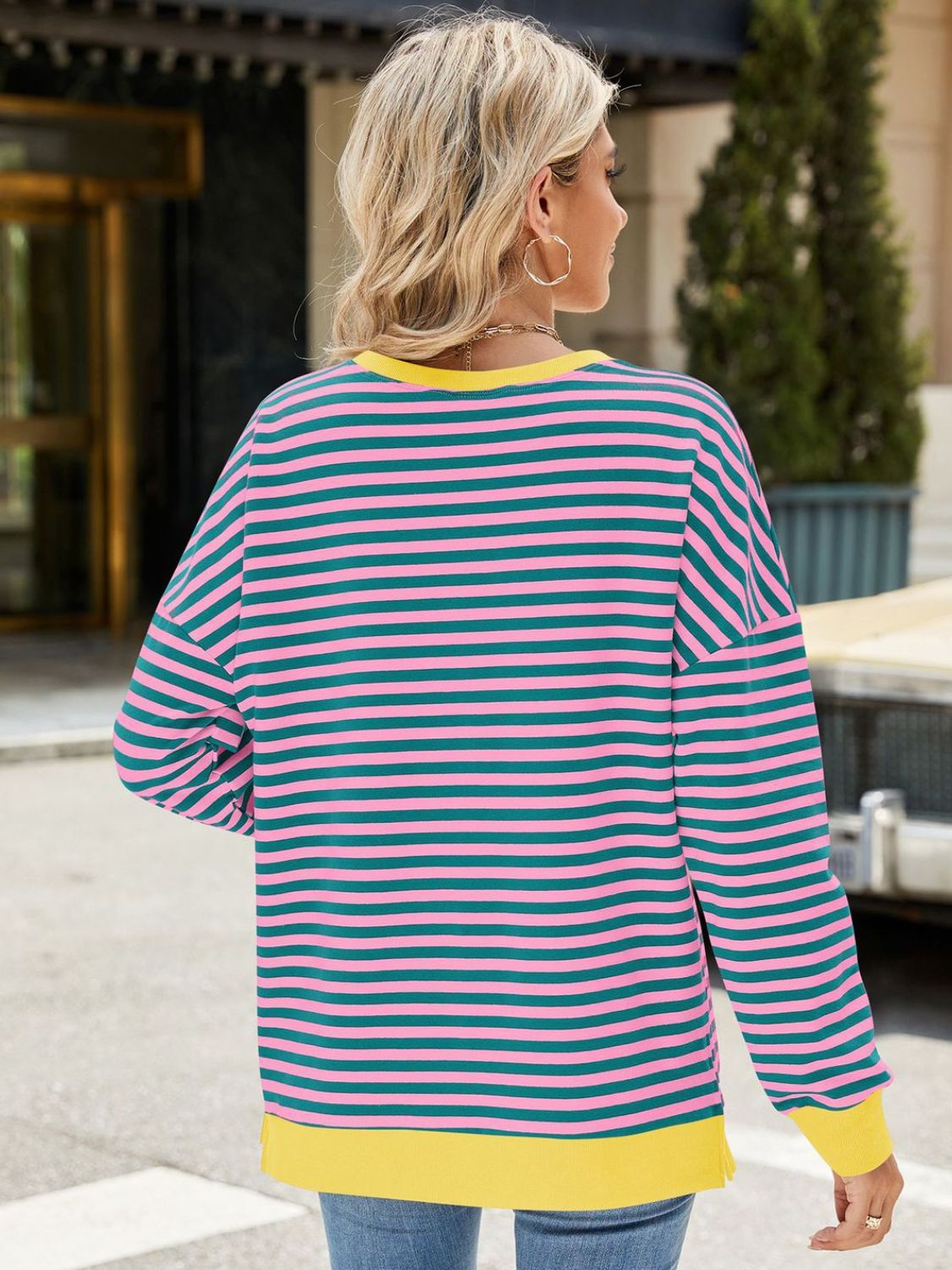 Slit Striped Round Neck Long Sleeve Sweatshirt