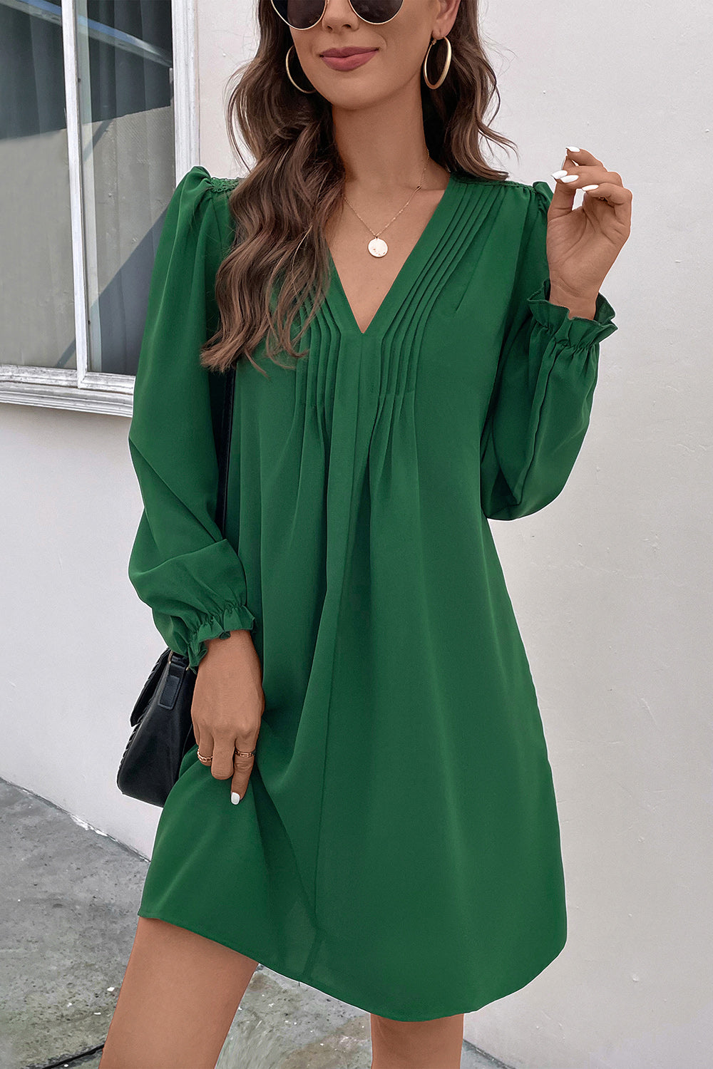 Perfee Ruched V-Neck Flounce Sleeve Dress