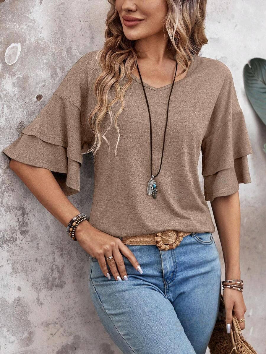 Womens Flutter Sleeve V Neck Summer Casual Blouse Top