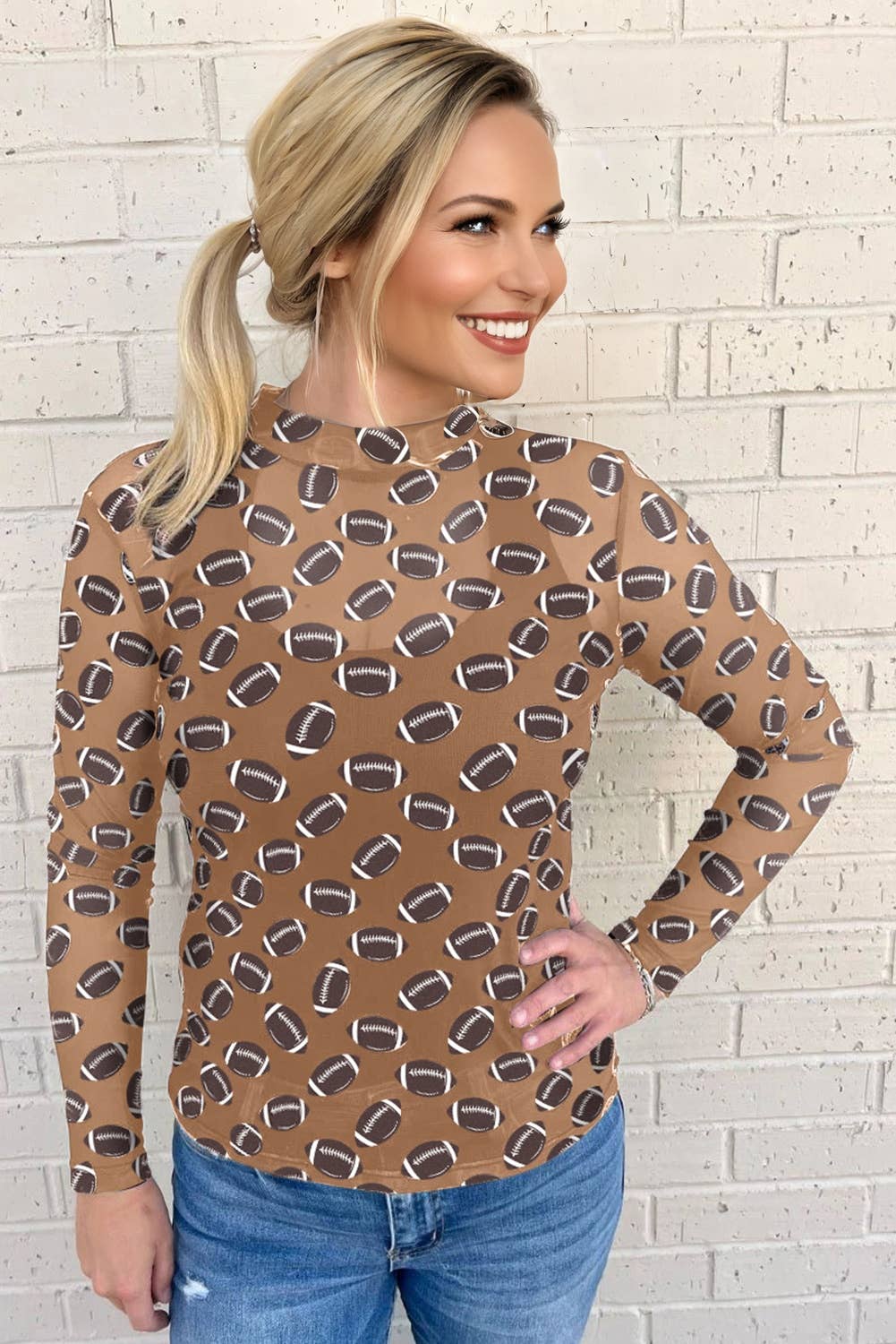 Black Game Day Rugby Mesh Sheer Long Sleeve Top