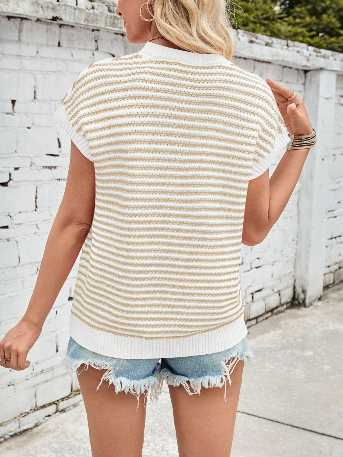 Lovelet Striped Round Neck Cap Sleeve Sweater