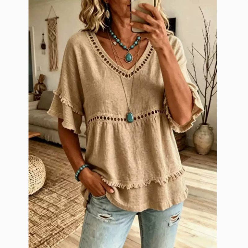 Solid Linen Blend V Neck Eyelet Ruffle Sleeve Boho Top