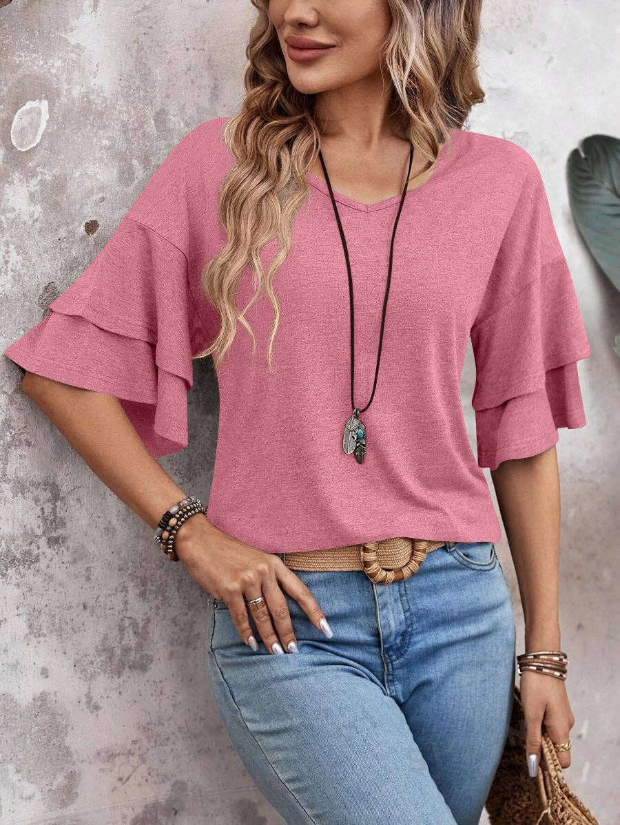 Womens Flutter Sleeve V Neck Summer Casual Blouse Top