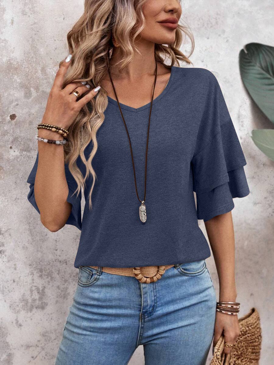 Womens Flutter Sleeve V Neck Summer Casual Blouse Top