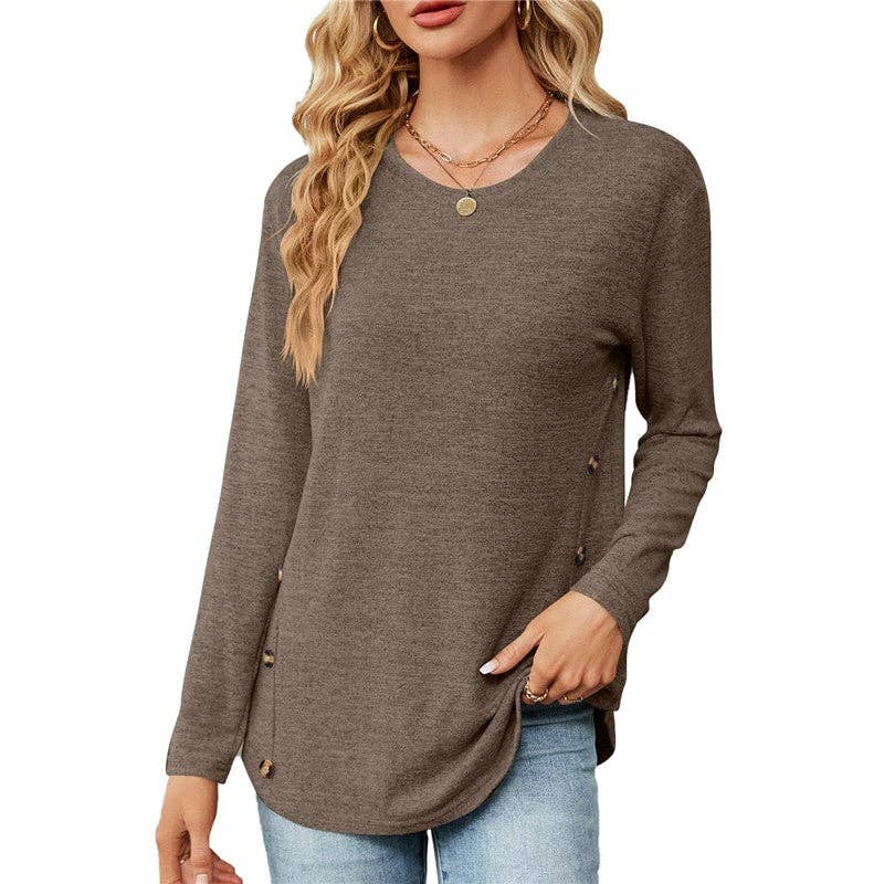 Solid Color Long Sleeves Crewneck Buttoned Casual Loose Tshirt