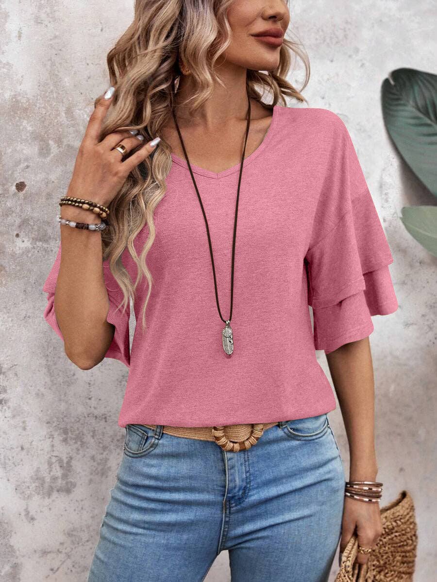 Womens Flutter Sleeve V Neck Summer Casual Blouse Top