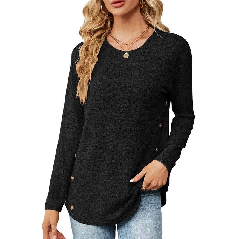 Solid Color Long Sleeves Crewneck Buttoned Casual Loose Tshirt
