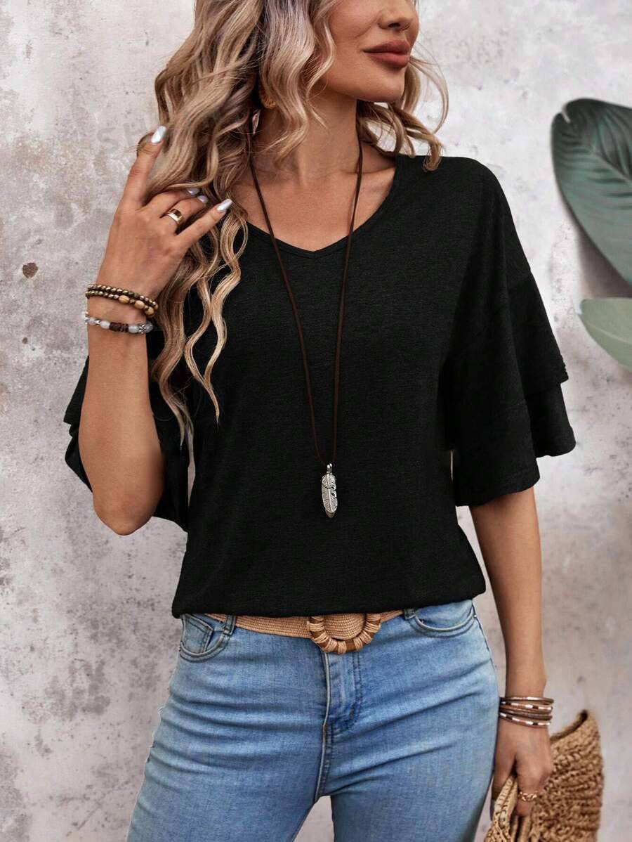 Womens Flutter Sleeve V Neck Summer Casual Blouse Top
