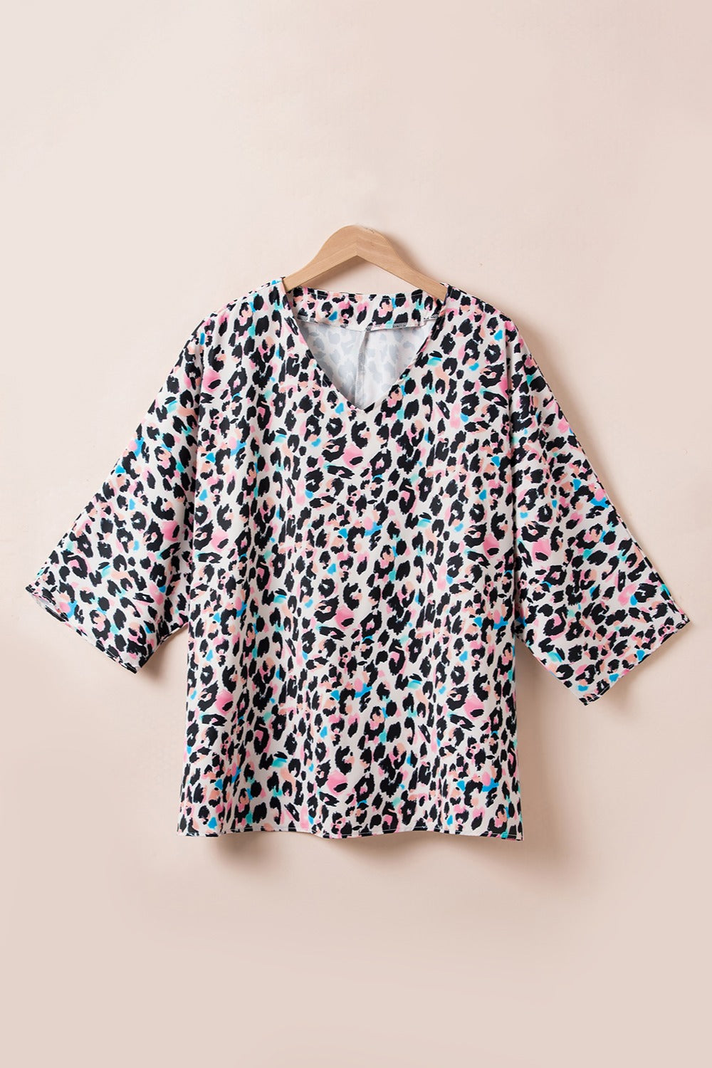 Plus Size Leopard V-Neck Three-Quarter Sleeve Blouse