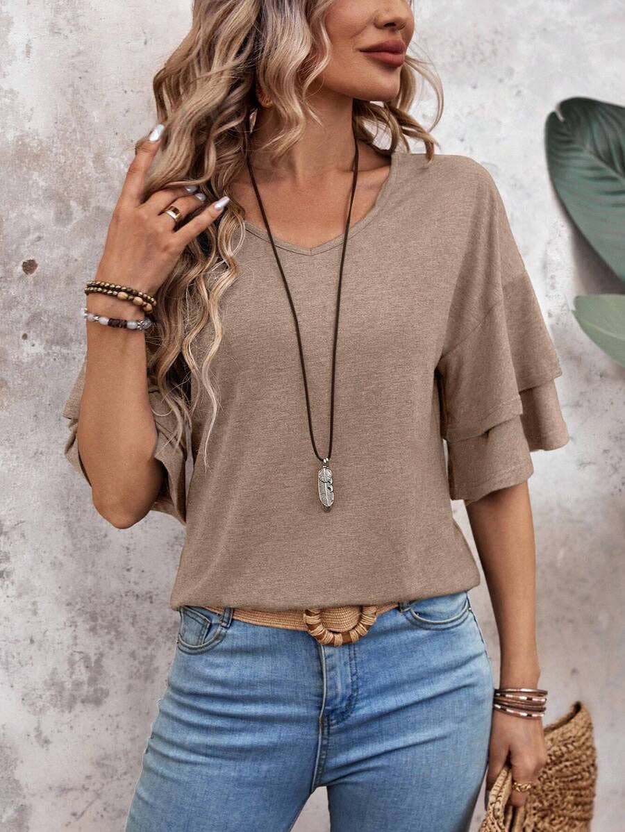 Womens Flutter Sleeve V Neck Summer Casual Blouse Top