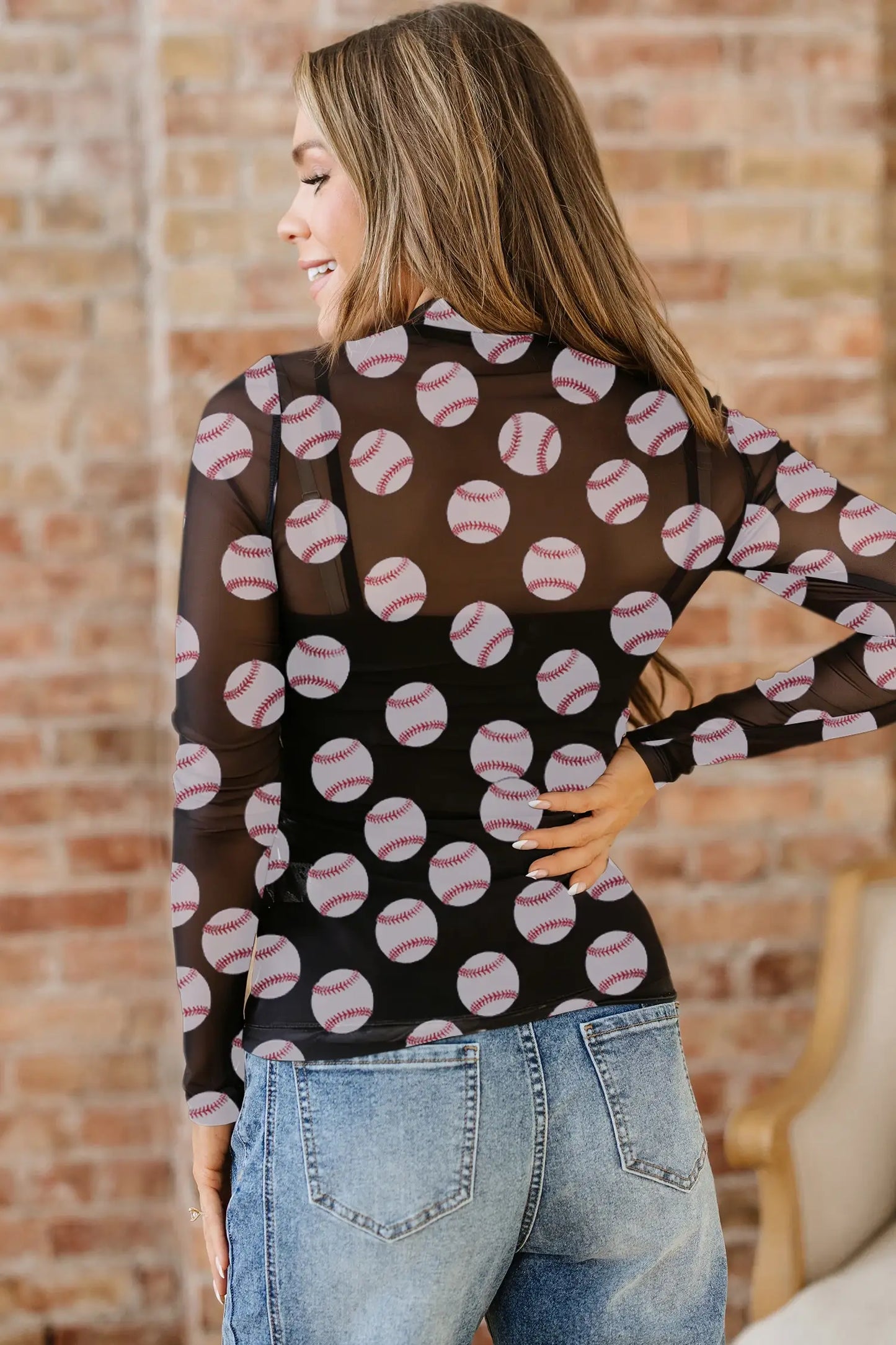 Black Game Day Rugby Mesh Sheer Long Sleeve Top