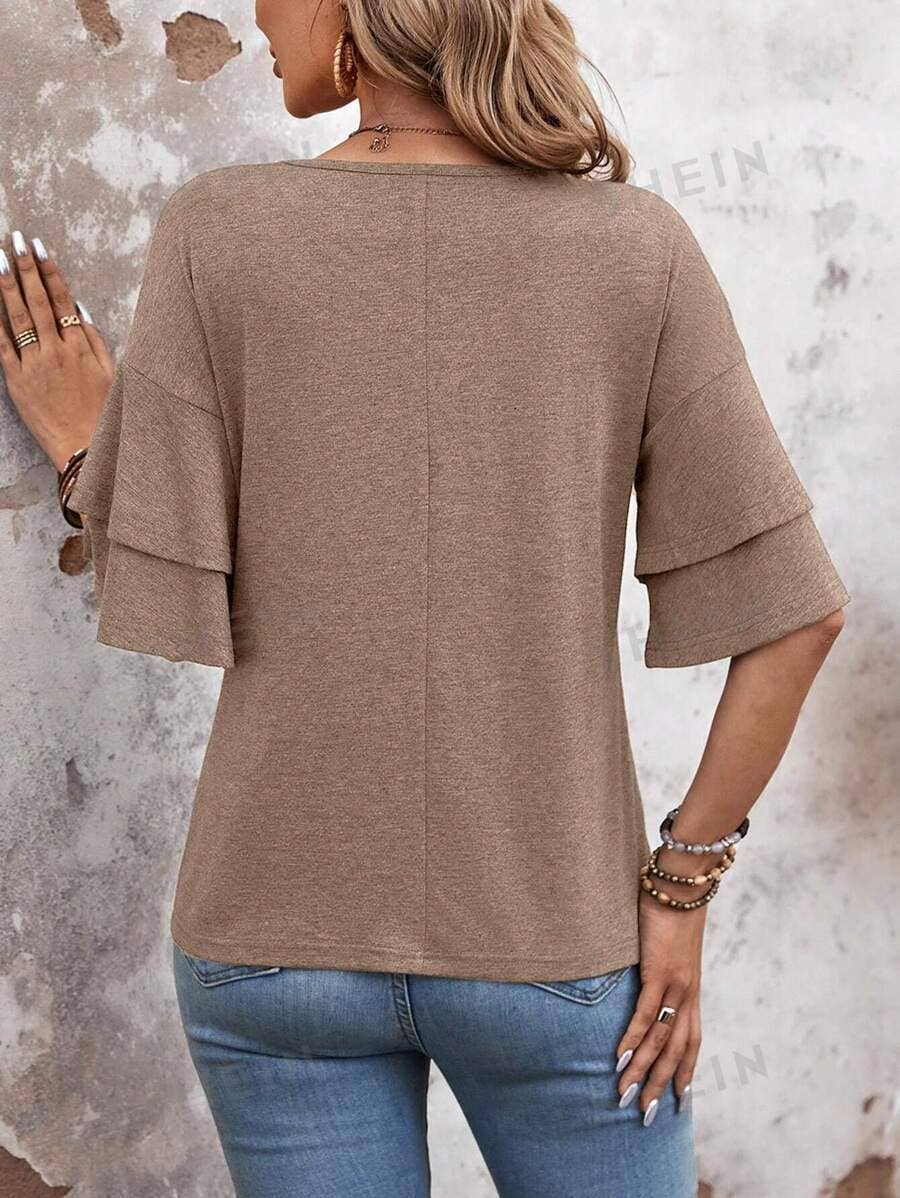 Womens Flutter Sleeve V Neck Summer Casual Blouse Top