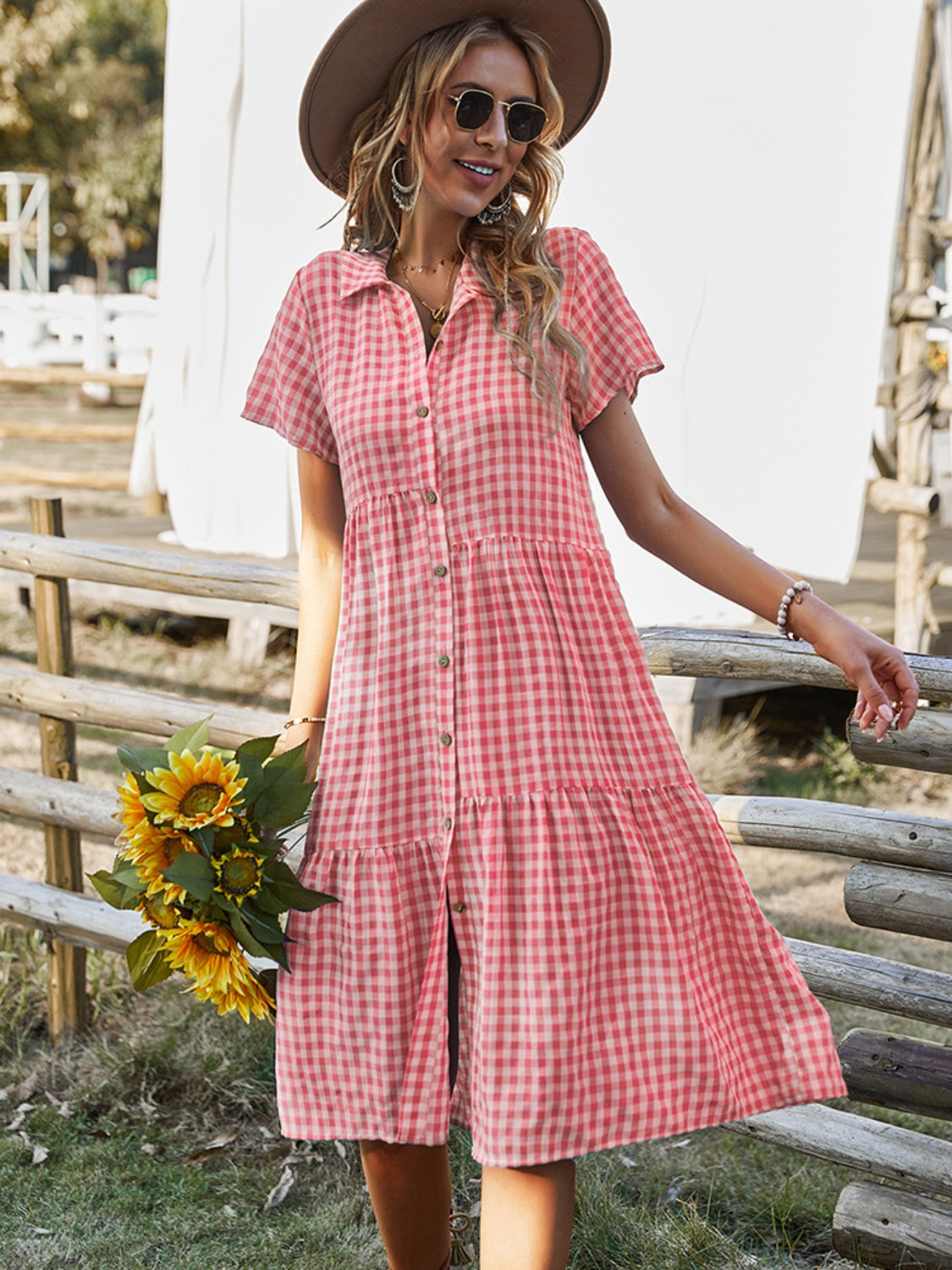 Button Up Plaid Short Sleeve Midi Dress