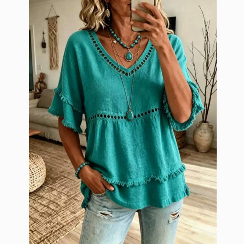 Solid Linen Blend V Neck Eyelet Ruffle Sleeve Boho Top