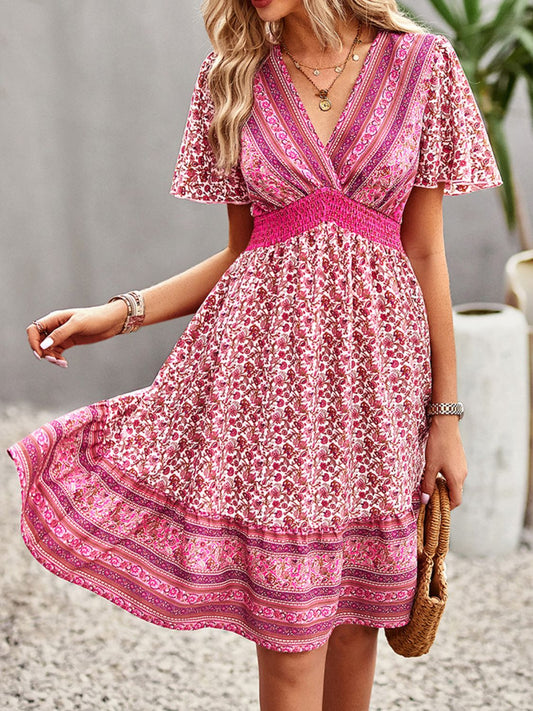 Floral Smocked Waist Short Sleeve Mini Dress