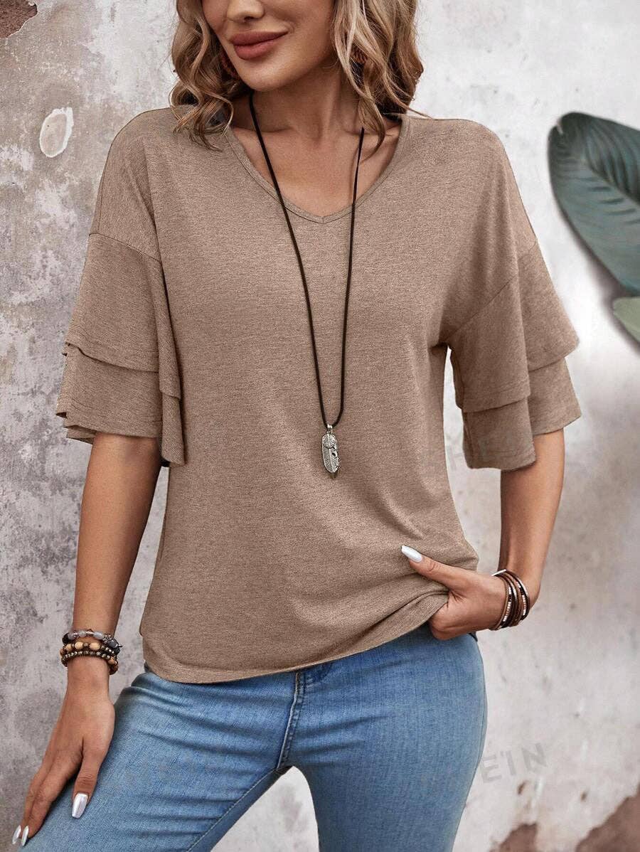 Womens Flutter Sleeve V Neck Summer Casual Blouse Top