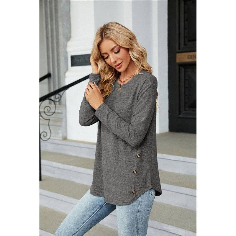 Solid Color Long Sleeves Crewneck Buttoned Casual Loose Tshirt