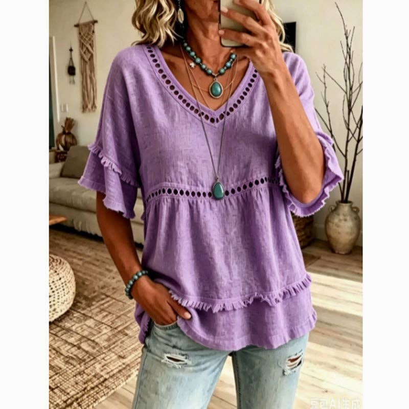 Solid Linen Blend V Neck Eyelet Ruffle Sleeve Boho Top