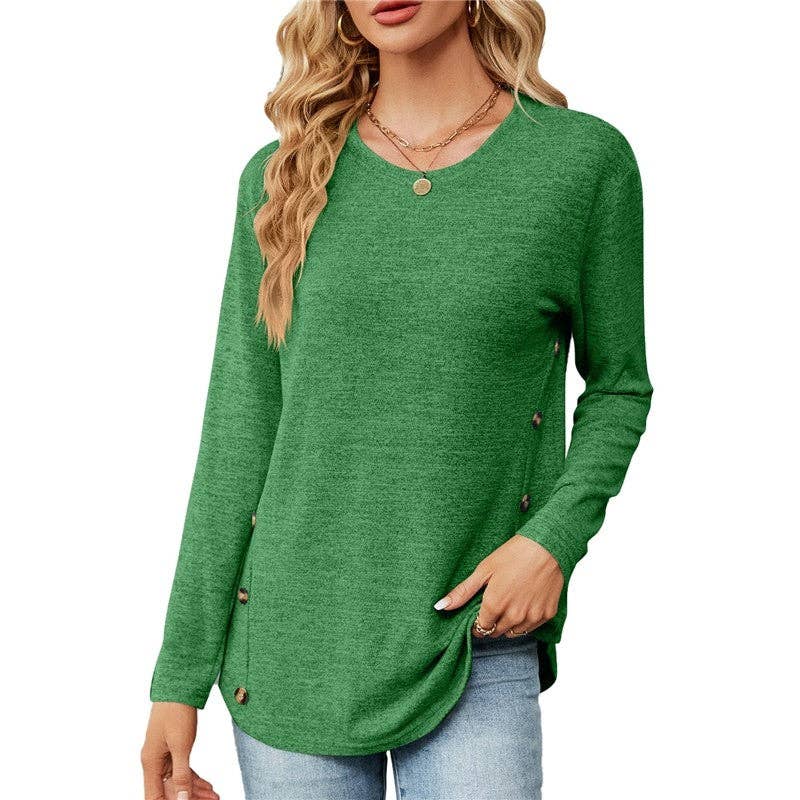 Solid Color Long Sleeves Crewneck Buttoned Casual Loose Tshirt