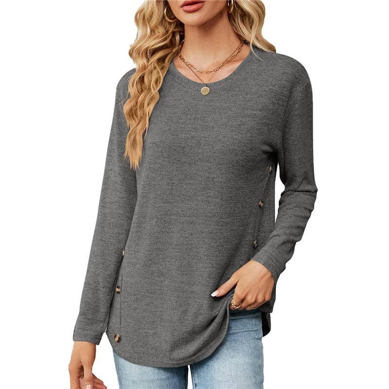 Solid Color Long Sleeves Crewneck Buttoned Casual Loose Tshirt