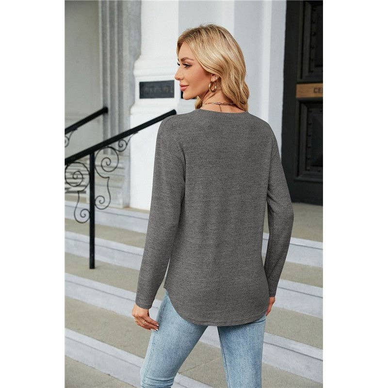 Solid Color Long Sleeves Crewneck Buttoned Casual Loose Tshirt