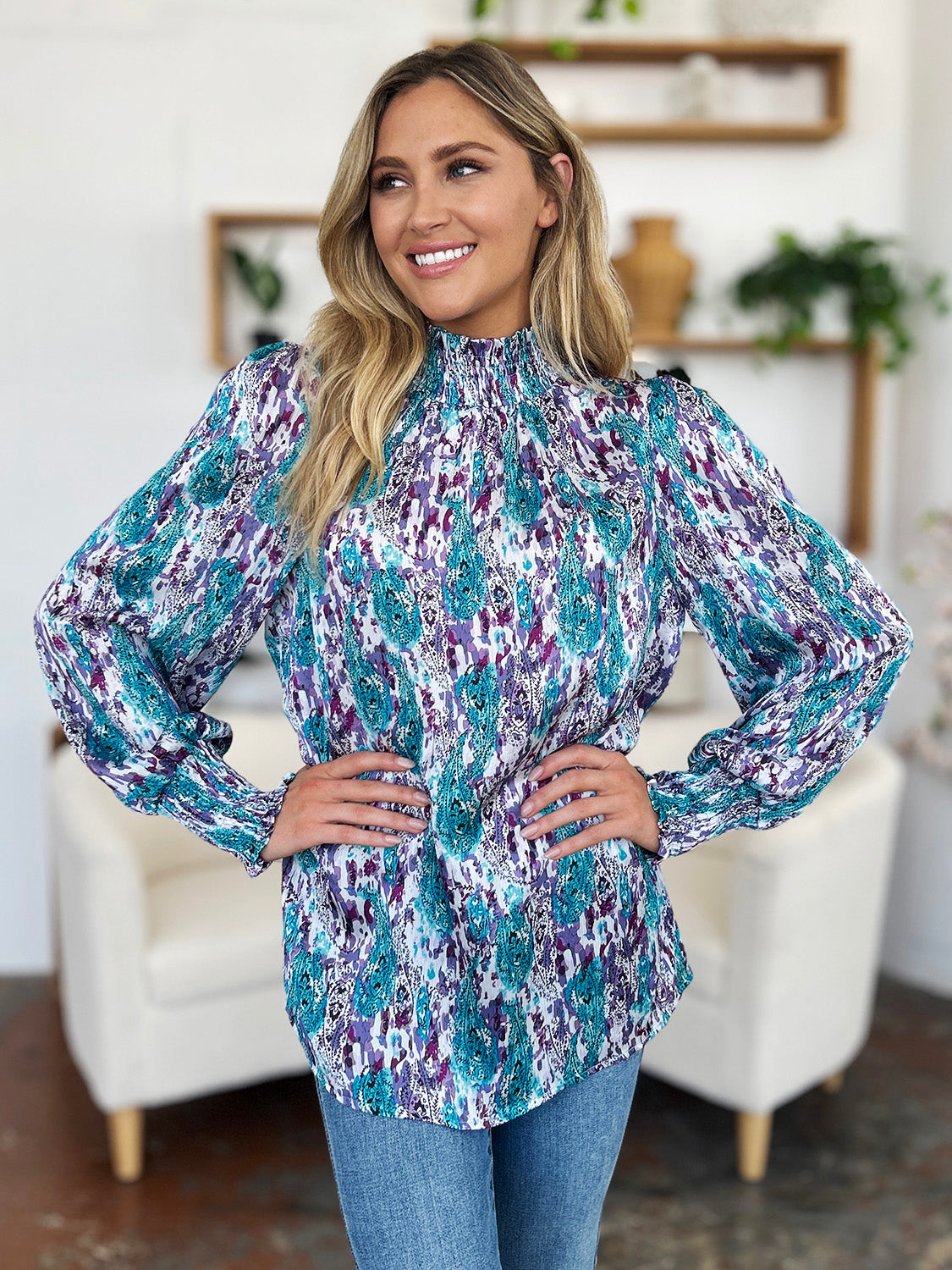 Double Take Full Size Printed Smocked Long Sleeve Blouse