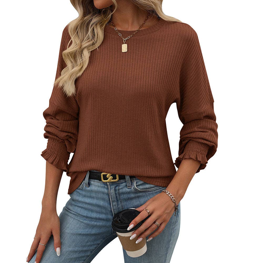Loose Casual Ribbed Long Sleeve T-Shirt