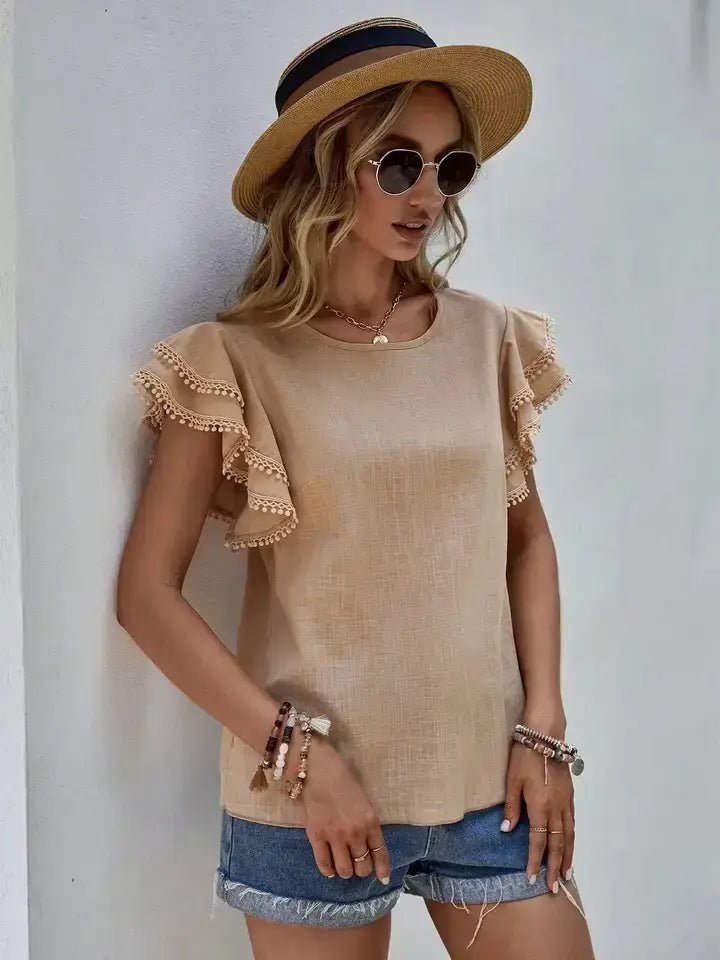 Ruffle Sleeve Pom Pom Trim Casual Blouse Top