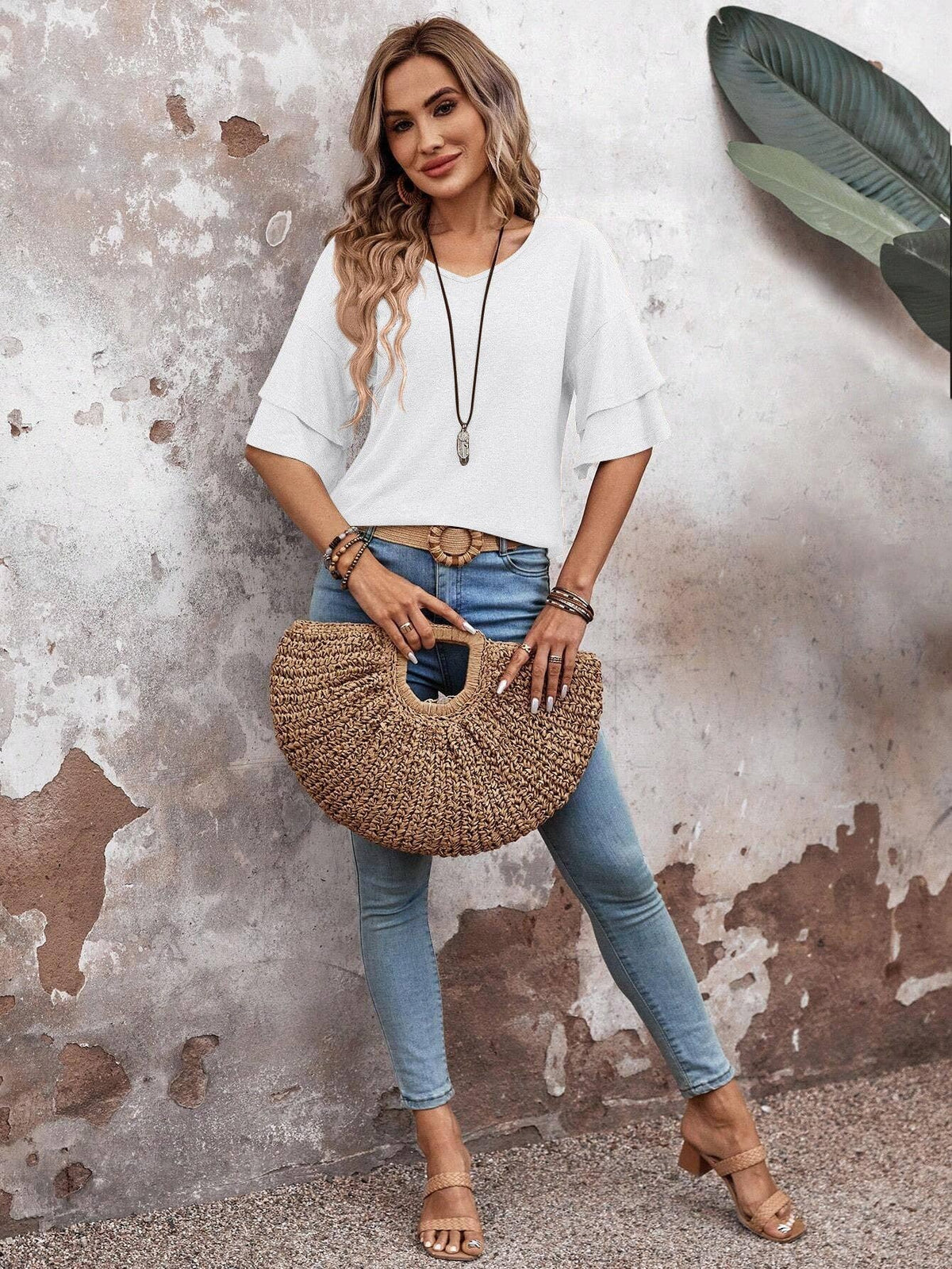 Womens Flutter Sleeve V Neck Summer Casual Blouse Top