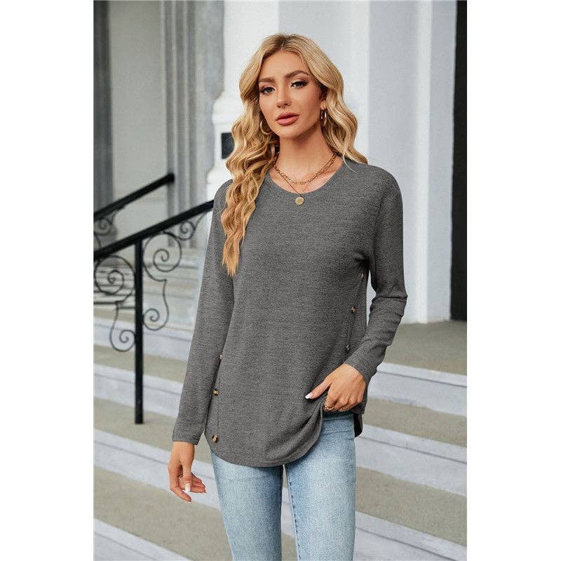 Solid Color Long Sleeves Crewneck Buttoned Casual Loose Tshirt