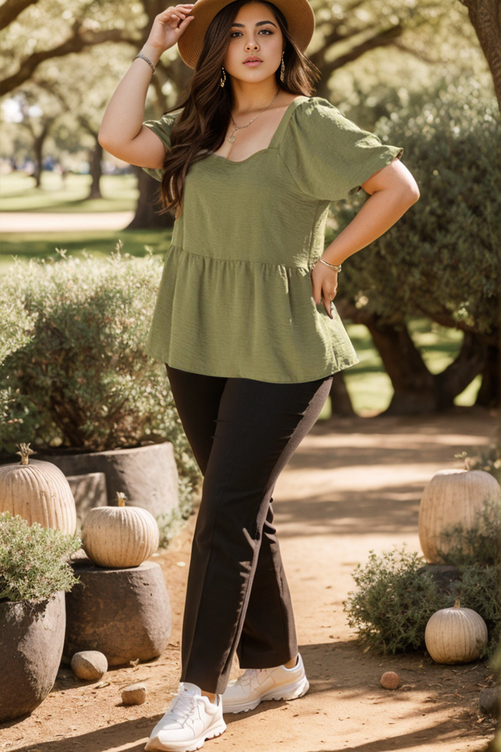 Plus Size Square Neck Balloon Sleeve Peplum Blouse