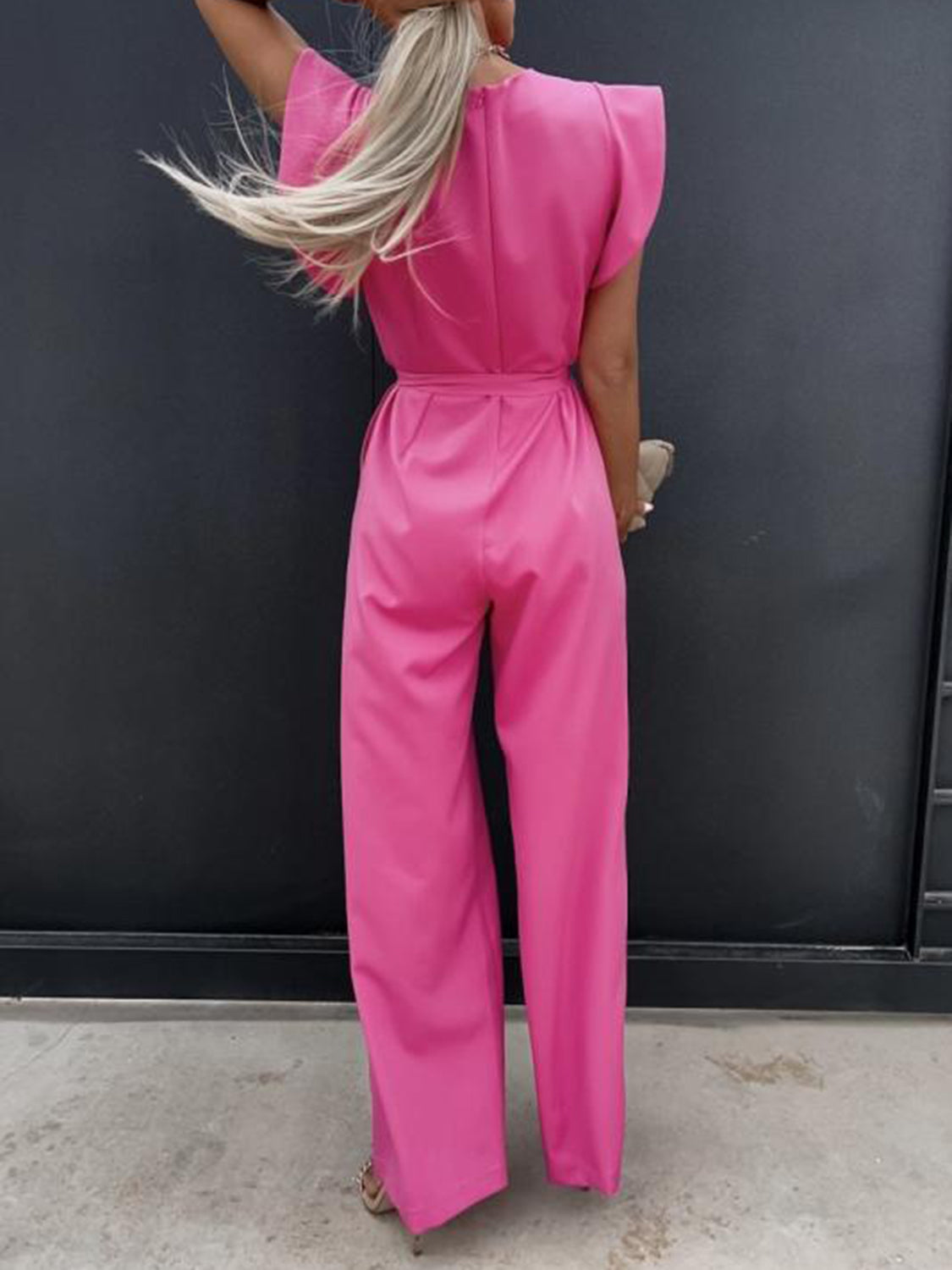 Ruffled Round Neck Cap Sleeve Jumpsuit