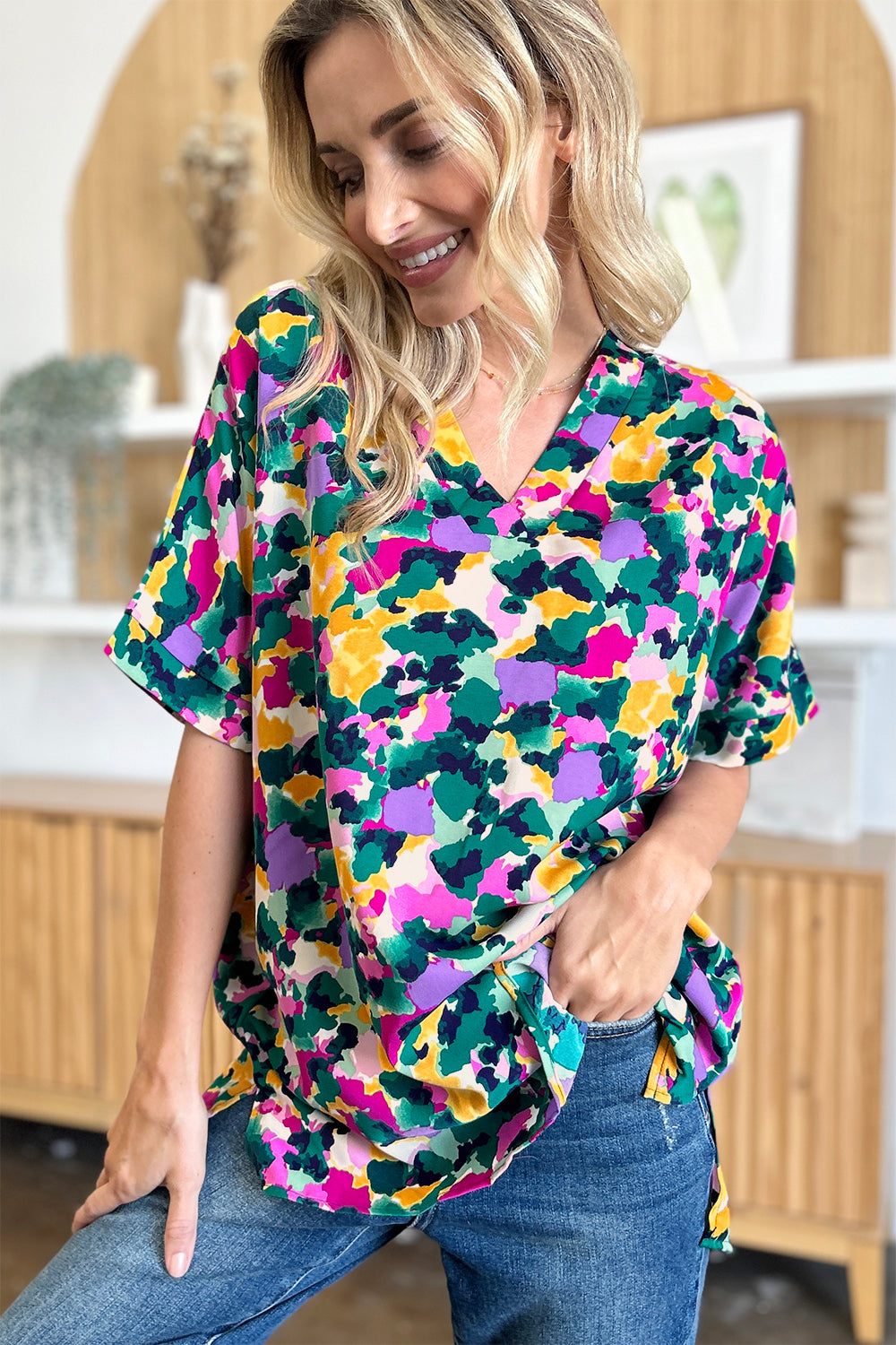 Double Take Full Size Printed V-Neck Short Sleeve Blouse