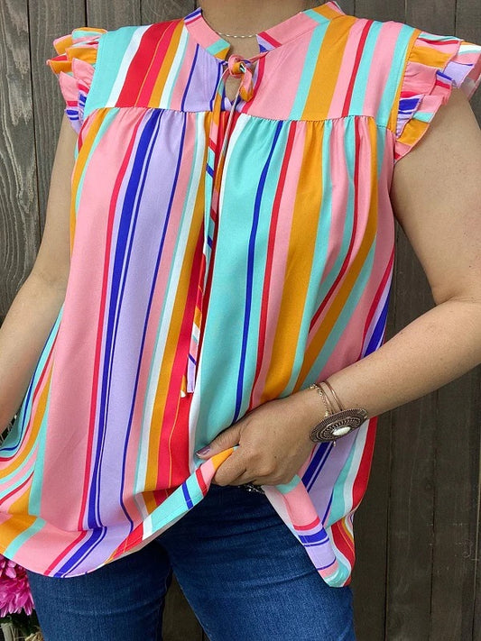 GJQ14903 STRIPED MULTI COLOR TIE FRONT TOP