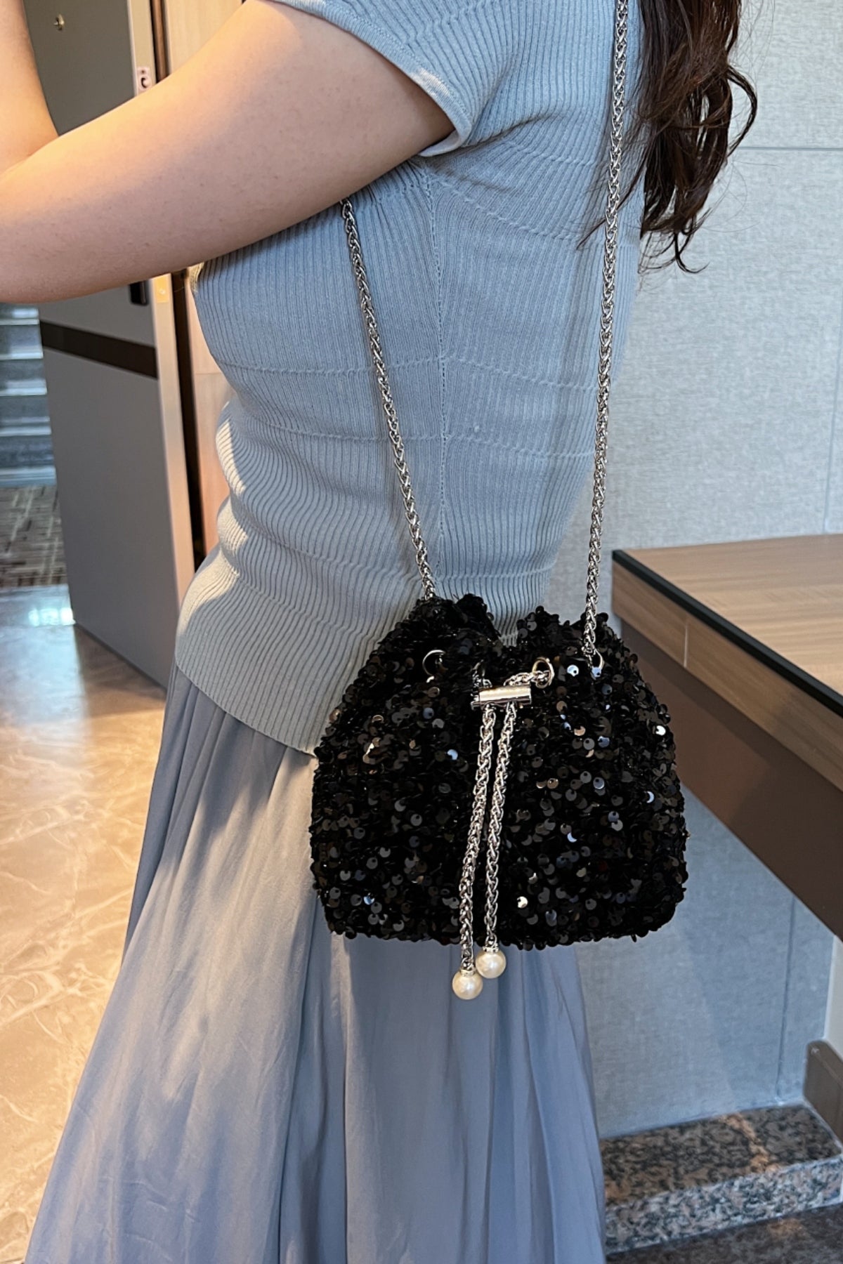 Sequin Chain Drawstring Bucket Bag