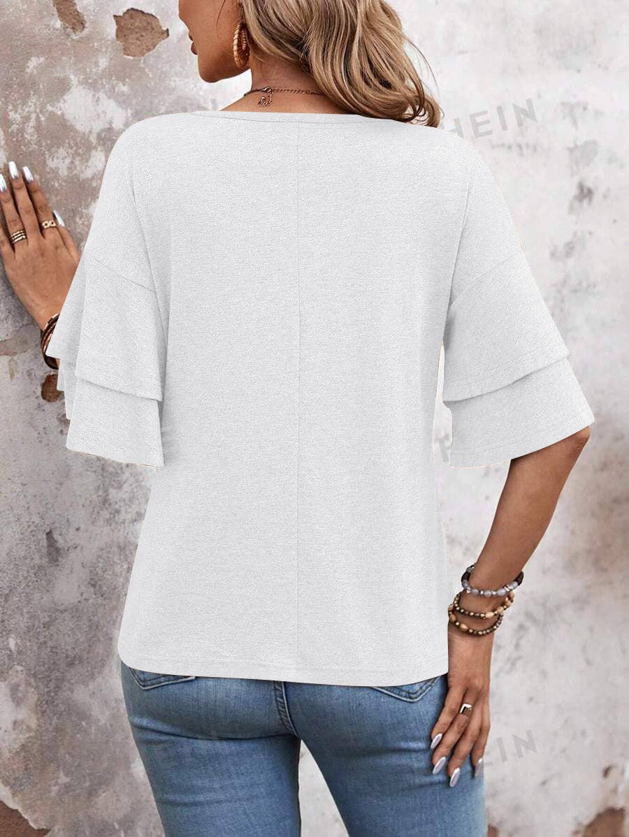 Womens Flutter Sleeve V Neck Summer Casual Blouse Top